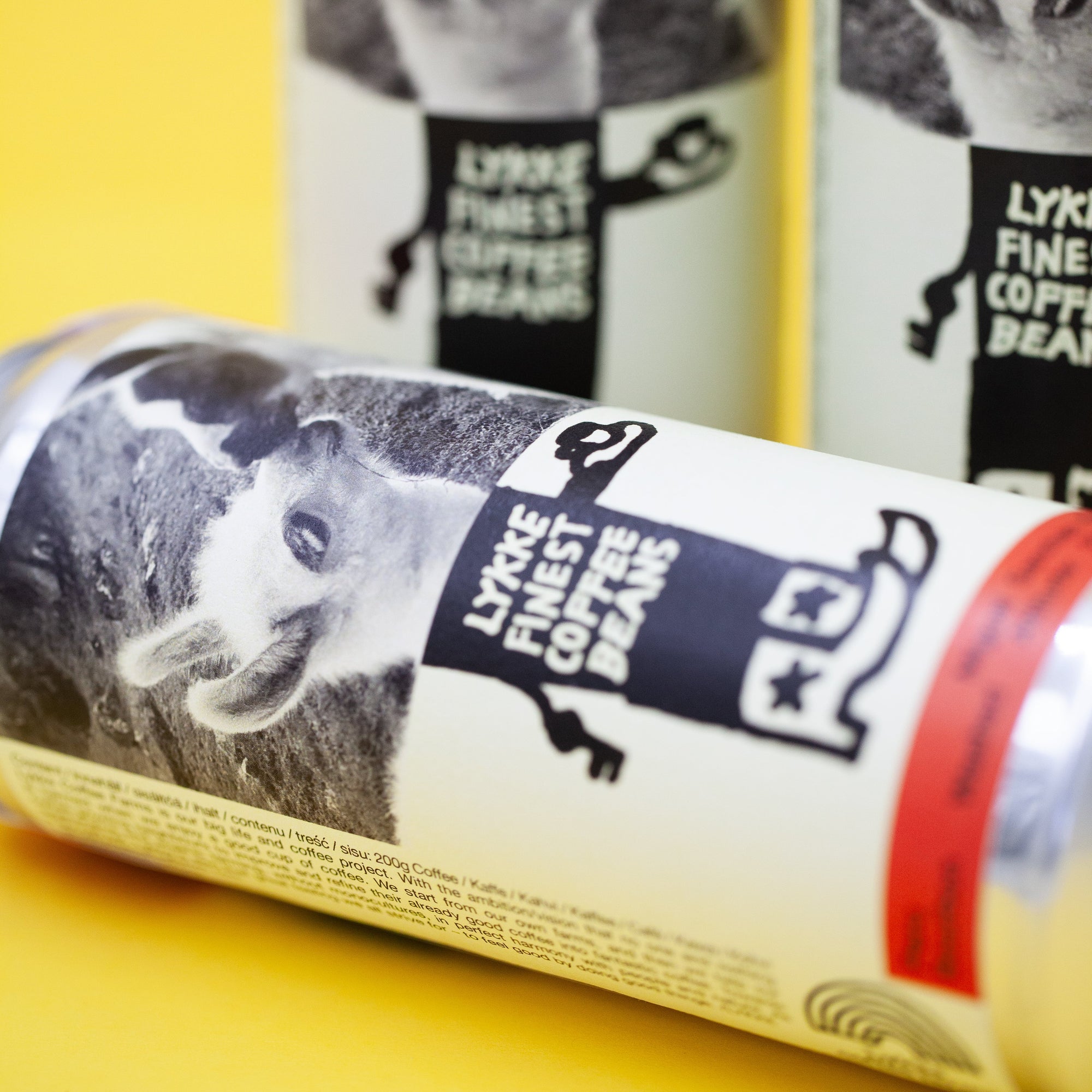 Three cans of Lynx Coffee Beans on a yellow background