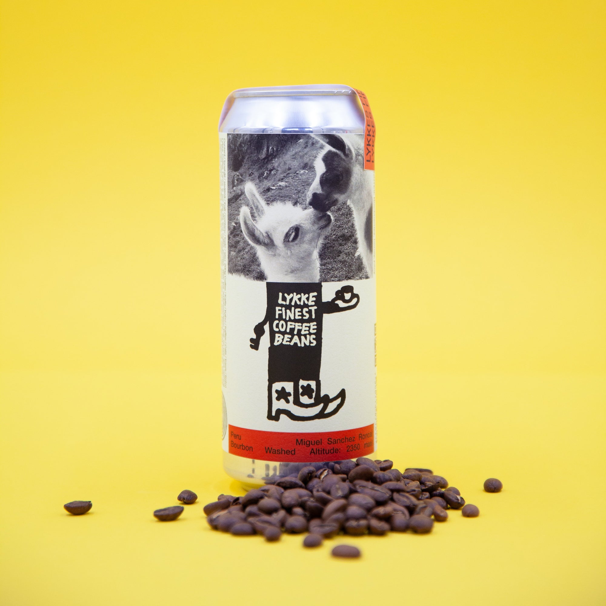 Can of Lykke Finest Coffee Beans with coffee beans on a yellow background