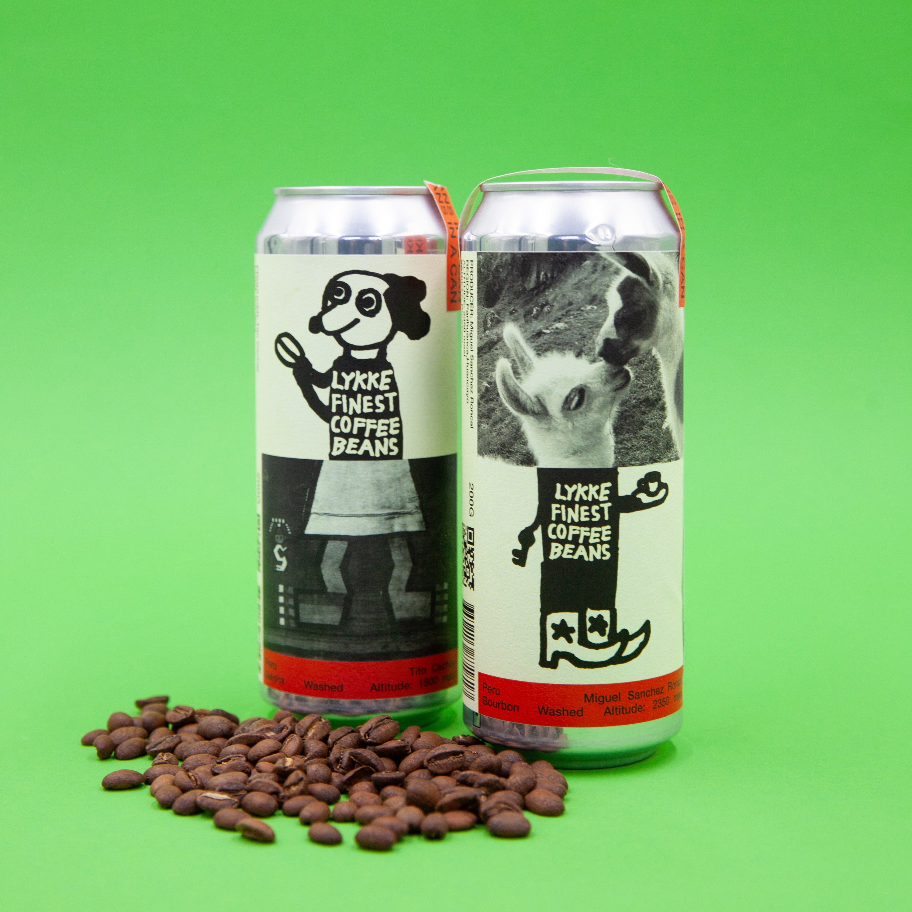 Two cans of Lykke Finest Coffee Beans with coffee beans on a green background